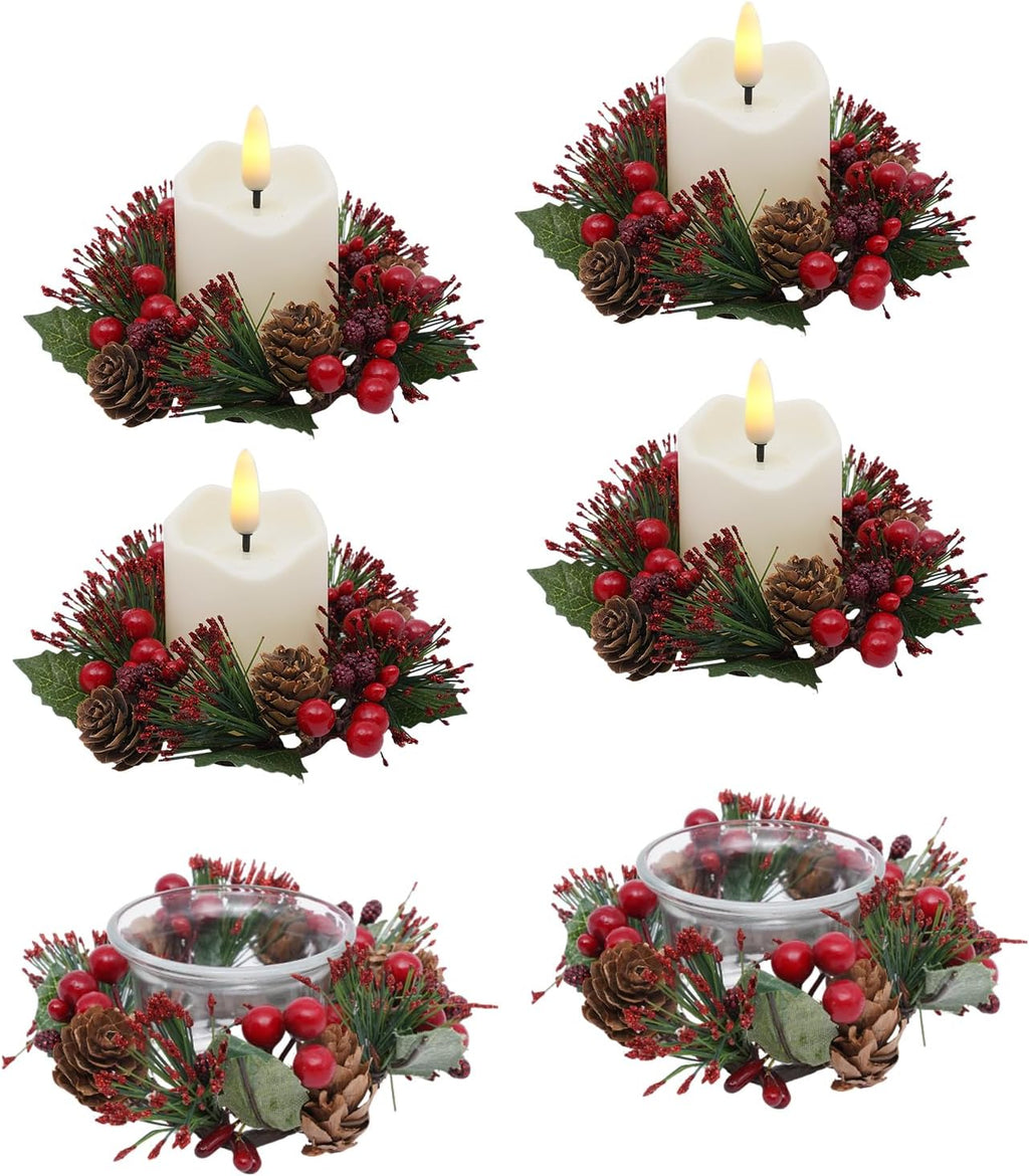 Regine Switzerland Candle Rings Set of 6 - Festive Christmas Wreaths with Red Berries & Pinecones