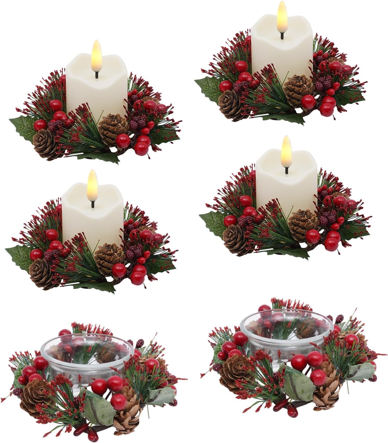 Regine Switzerland Candle Rings Set of 6 - Festive Christmas Wreaths with Red Berries & Pinecones