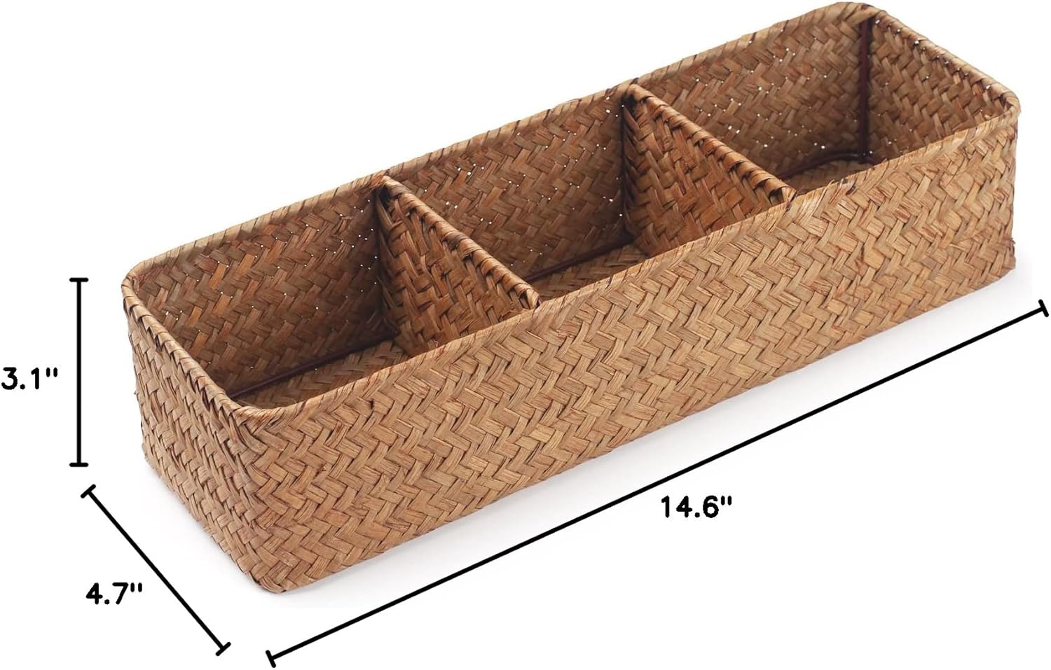 Seagrass Storage Basket - 3-Section Woven Compartment Baskets | Natural, 14.6” x 4.7” x 3.1”