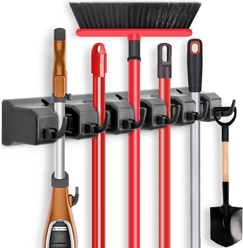 IMILLET Mop and Broom Holder - Wall-Mounted Organizer with 5 Ball Slots & 6 Hooks | Black