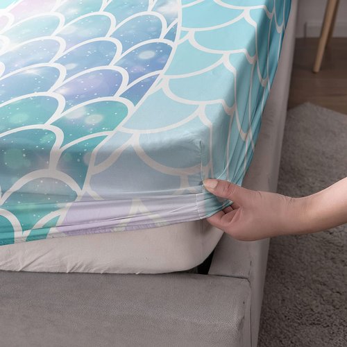 Datura home 4Pcs Kids Fitted Sheet and Flat Set Rainbow Scales Mermaid Printed Pattern Bedding with 1 + 2 Pillowcases for Boys Girls (Rainbow Twin), 67x97 Inches