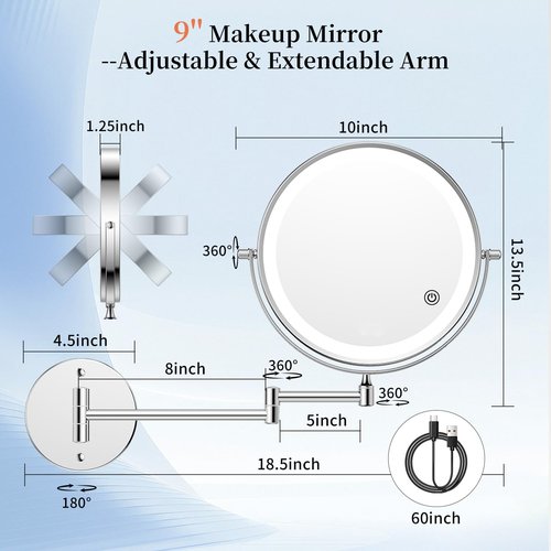 FUNTOUCH 30X/1X Wall Mounted Lighted Makeup Mirror, 5000mAh Rechargeable 9" Double Sided Magnifying Bathroom Mirror, 3 Color Modes Touch Dimmable Extended Arm 360 Rotation with Adapter,Chrome