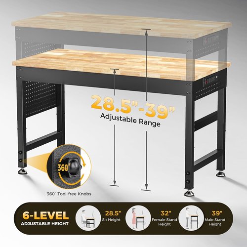CAMMOO Adjustable Heavy Duty Workbench - 2000 LBS Capacity Rubber Wood Table with Pegboard & Power Outlets | Ideal for Garage, Workshop, Office & Home