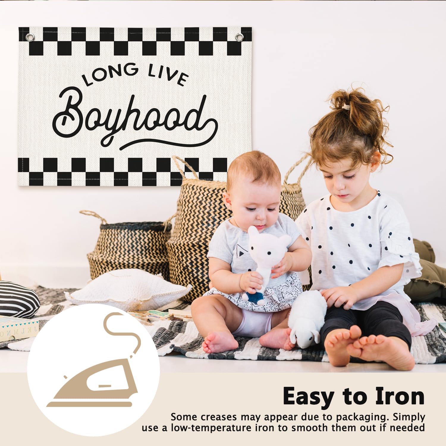 ETVISO Long Live Boyhood Black and White Checkered Boys Room Decor - Cars Room Decor Linen Banner Wall Hanging Canvas Banner Flag Decor for Toddler Boy Bedroom Nursery Playroom Birthday Party