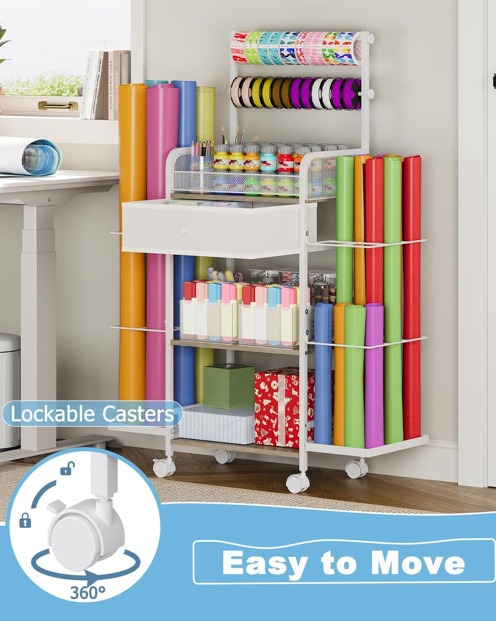 Rsaayekkt Wrapping Paper Storage Cart - Rolling Gift Wrap Station with Fabric Drawer & Ribbon Holder | Metal Craft Organizer