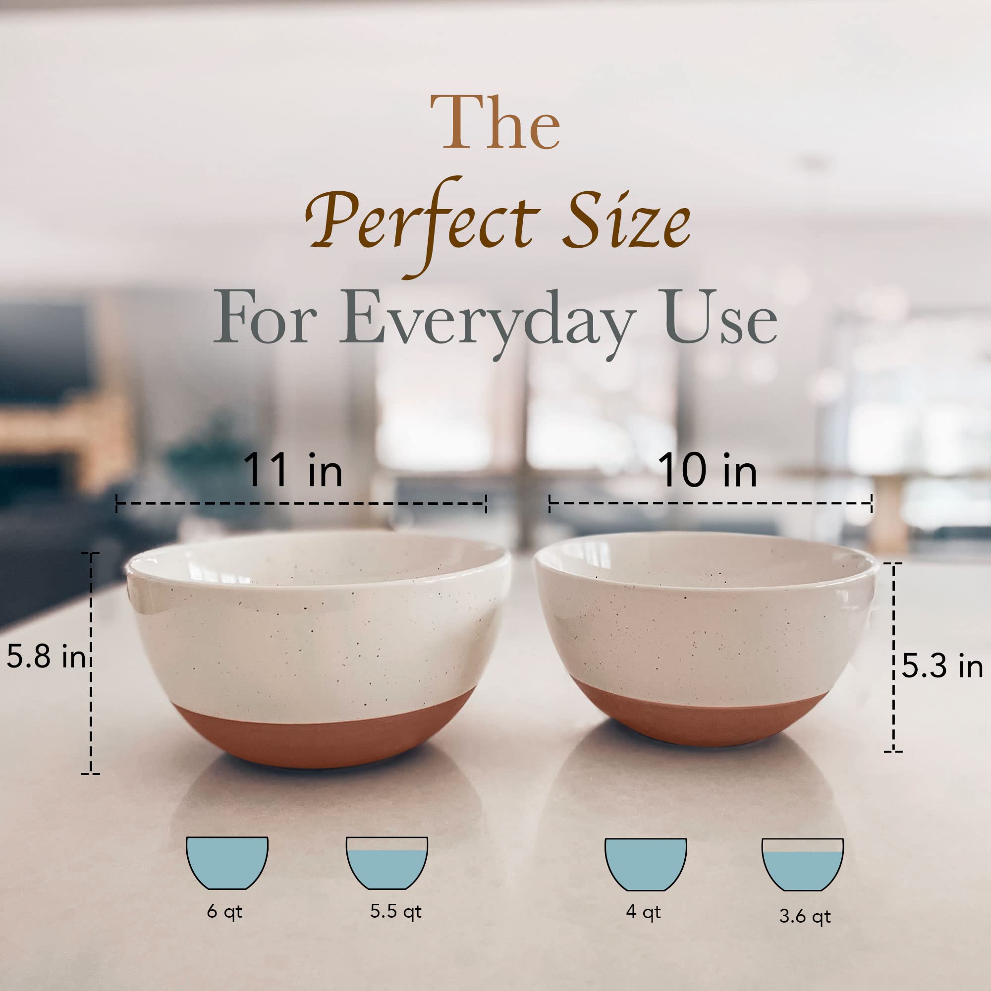 Mora Ceramic Large Mixing Bowls - Set of 2 Nesting Bowls for Cooking, Serving, Popcorn, Salad etc - Microwavable Kitchen Stoneware, Oven, Microwave and Dishwasher Safe - Extra Big 5.5 & 3.6 Qt - White