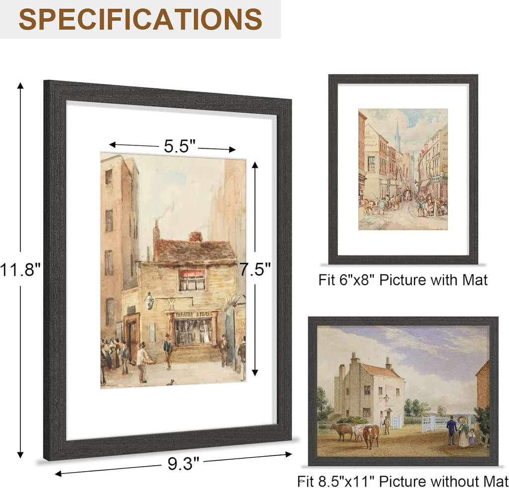 Vittanly Picture Frame - Solid Wood with Plexiglass & 6x8 Mat | Charcoal Black, 8.5x11 Size