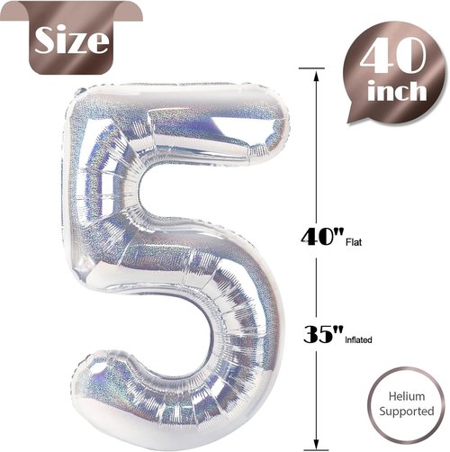 Laser Silver 5 Balloon - 40 Inch Number 5 Balloon for 5th Birthday Decorations | Party Supplies