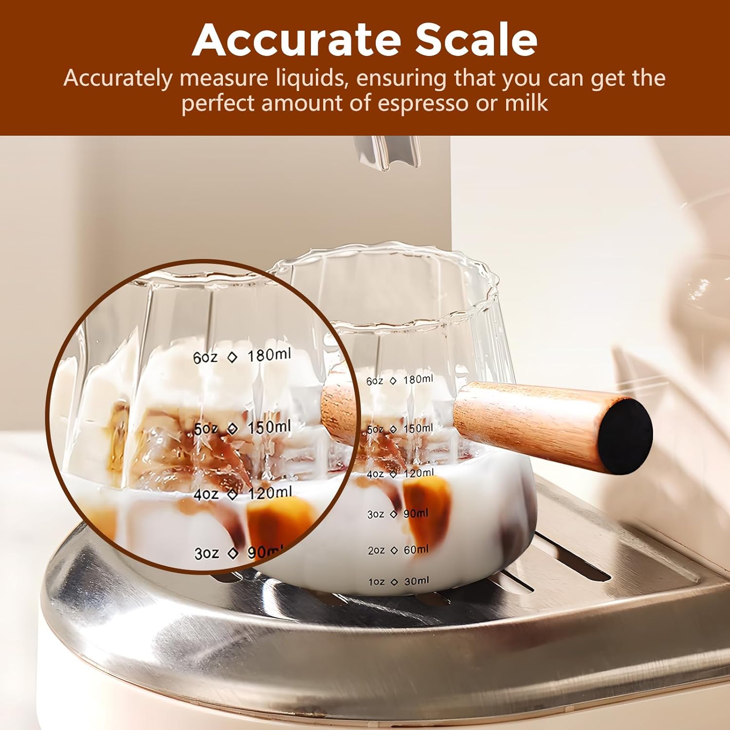 YARRAMATE Glass Measuring Cup - 6 oz/180ML with Wooden Handle | Ribbed Milk Frothing Pitcher