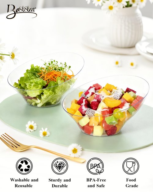 BESTSTAR Clear Plastic Serving Bowls 8 Pack 54 OZ– Angled Disposable Party Bowls for Chips, Salad, Fruit & Candy – Heavy Duty Clear Serving Bowls for Parties, Buffet, Catering, Wedding, Daily Use