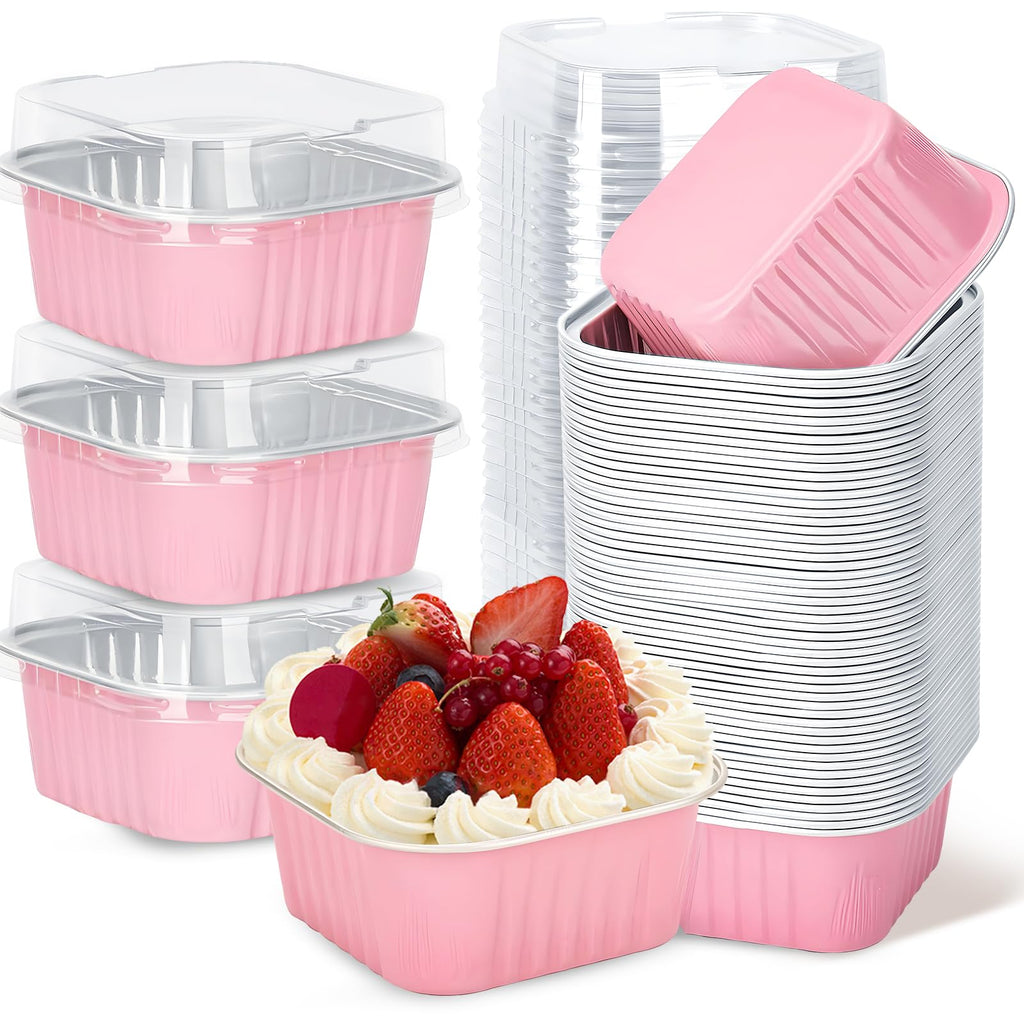 ylnurac 100Pack 5oz Pink Mini Cake Pans with Lids Baking Cups Aluminum Foil Pans Tins, Individual Dessert Cups Containers for Sales,Party,Picnics