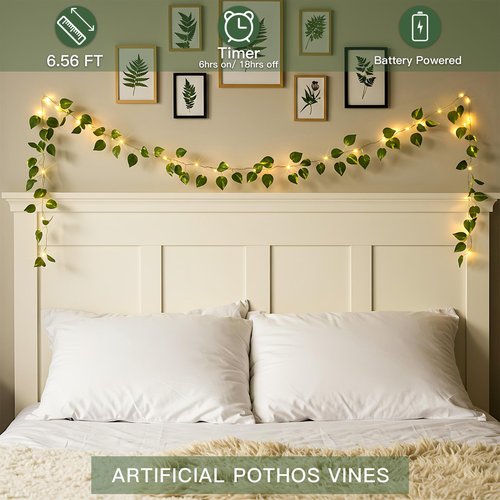 suddus Vines with Lights Battery Operated, 20 LED 6.56FT Fairy Lights Leaves with Timer, Pothos Vines String Lights for Bedroom,Dorm, Wall, Garden, Party, Christmas, Wedding Decor (Warm White)