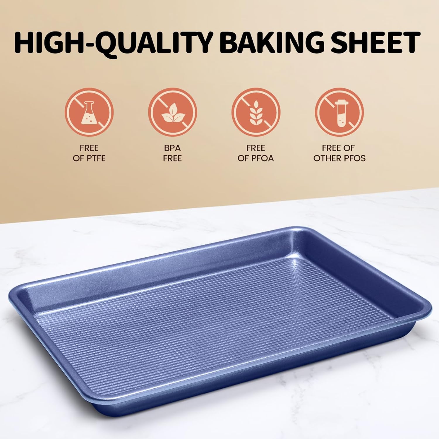 Vinino Baking Sheet Set - Non-Stick Carbon Steel Cookie Sheets with Square Texture | 3-Piece Blue Set