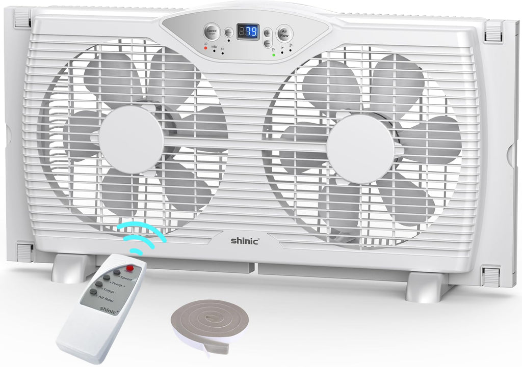 shinic Twin Window Fan, 9-Inch Blades Reversible Airflow, Thermostat Control, 3 Speeds, 23.8"-37" Expandable Width, Window Exchaust Fans for Home Bedroom, ETL Certified