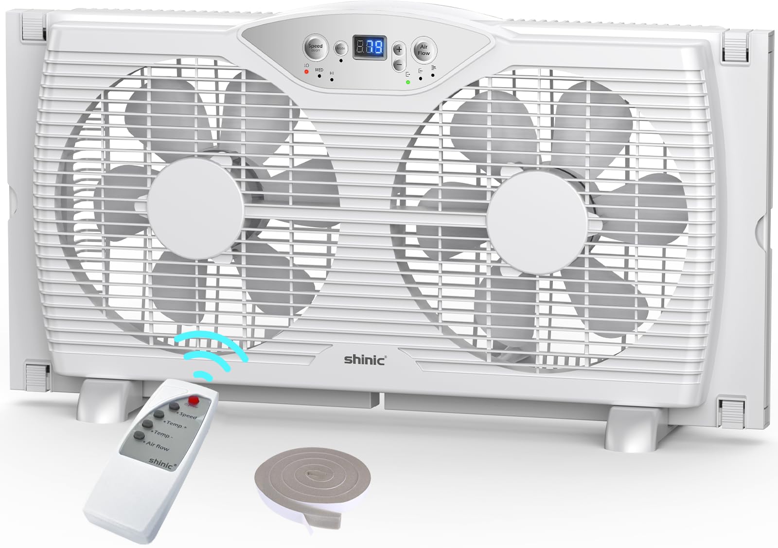 shinic Twin Window Fan, 9-Inch Blades Reversible Airflow, Thermostat Control, 3 Speeds, 23.8"-37" Expandable Width, Window Exchaust Fans for Home Bedroom, ETL Certified