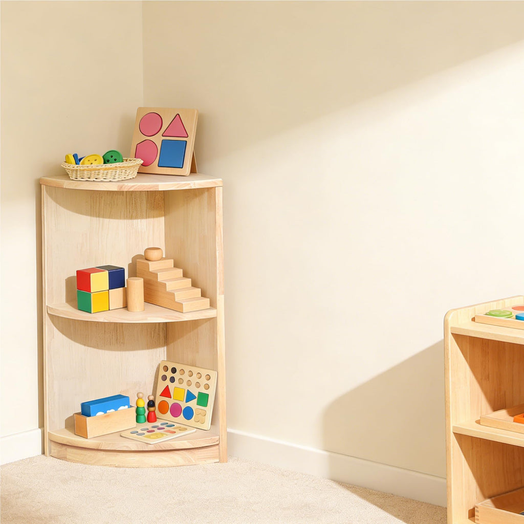 KRAND Corner Montessori Shelf 3-Tier Storage Bookcase – Kids Organizer for Toys, Books, Arts & Crafts Supplies, Ideal Toddler Furniture for Nursery, Preschool & Daycare