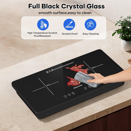 Saitravexia 1800W Portable 2 Burner Countertop Electric Stove with Touch Control, Cross-Line Panel Design, 8 Power Levels, Timer, Safety Lock, Compatible with Magnetic Cookware