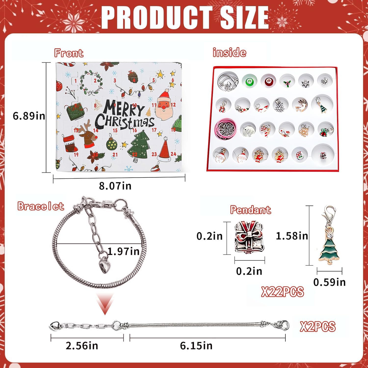Skiennix Christmas Advent Calendar Bracelets 2024 - 24-Day Countdown with 22 Charm Beads & 2 Bracelets for Girls & Teens (Silver)