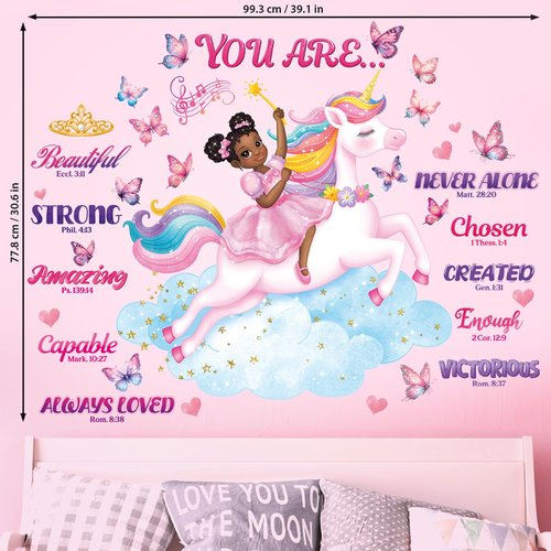 DECOWALL SG2-2503 Black Girl Unicorn Bible Verse Wall Decals Stickers Pink Décor Bedroom Room Art Toddler Decorations Peel and Stick Princess Nursery Butterfly Kids Baby Home Quotes Inspirational
