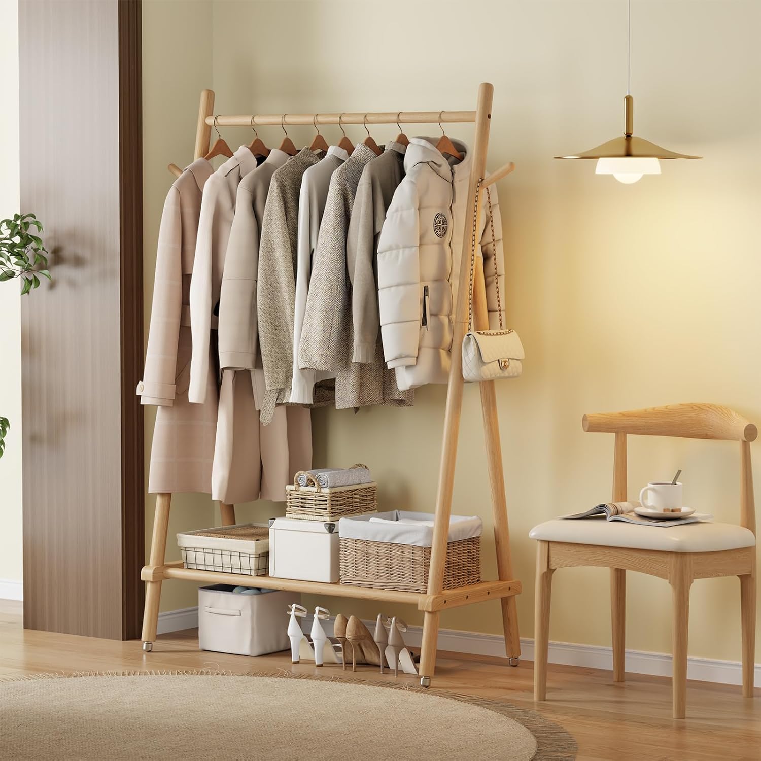 Muwuele Solid Wood Clothing Rack - Portable Rolling Garment Rack with Shelves | 350 Lbs Capacity, Natural Finish