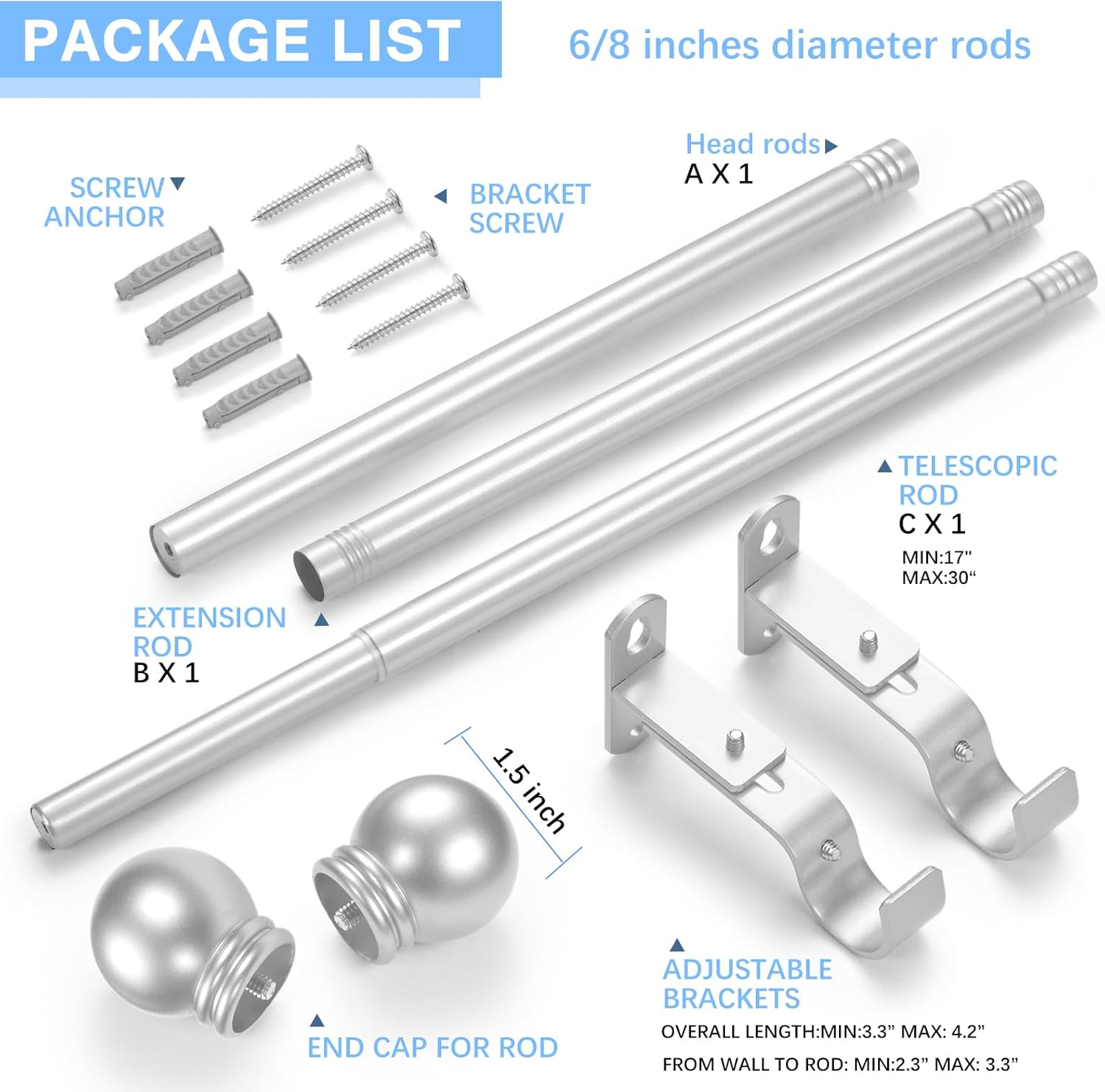 Max Adjustable Curtain Rods by [Brand Name] - 16 to 48 Inches | Satin Silver, 6/8" Diameter, Pack of 1