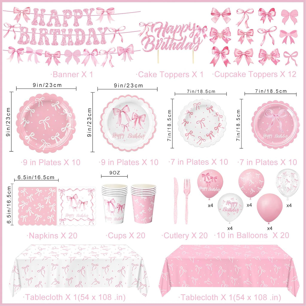 Pink Bow Birthday Decorations - Complete Party Set with Plates, Napkins, Cups & Balloons | Serves 20