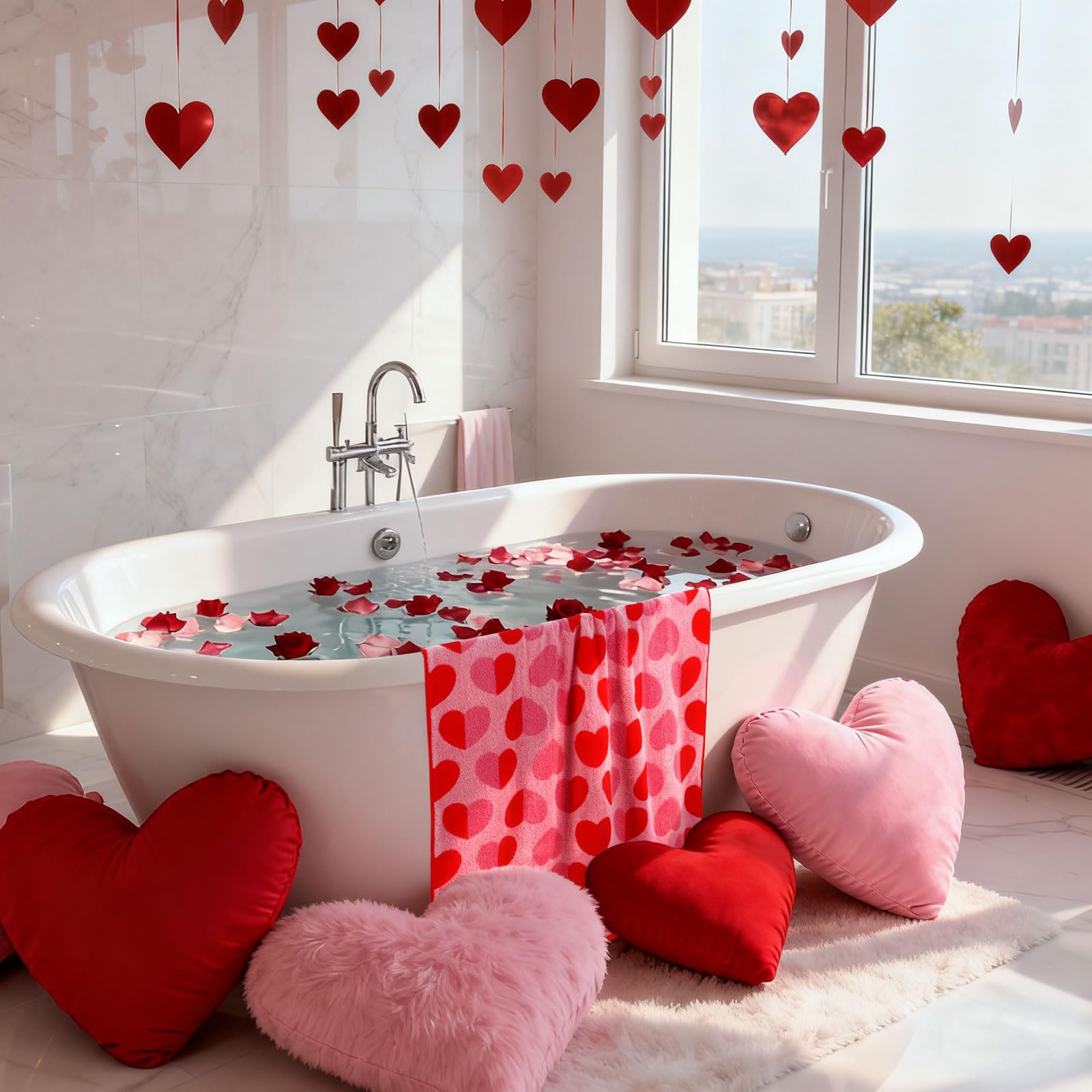 Whaline Valentine's Day Bath Towels Set of 6 Jacquard Cotton Bathroom Towel Red Pink Heart Hand Towel Wash Cloth for Holiday Hand Drying Shower Supplies