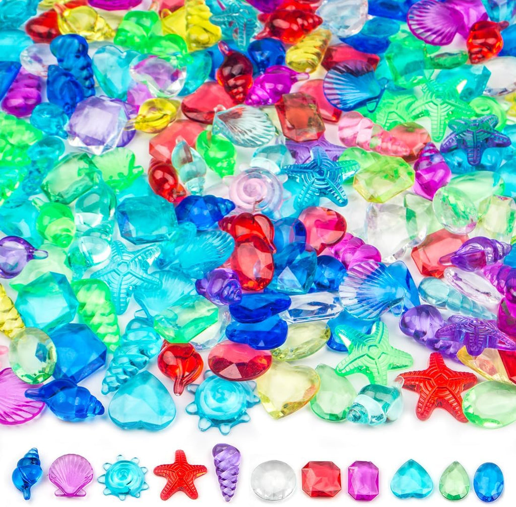 Skiennix Sensory Bin Filler - 180 Pcs Plastic Gemstones & Fake Seashells for Kids | Ocean-Themed Play