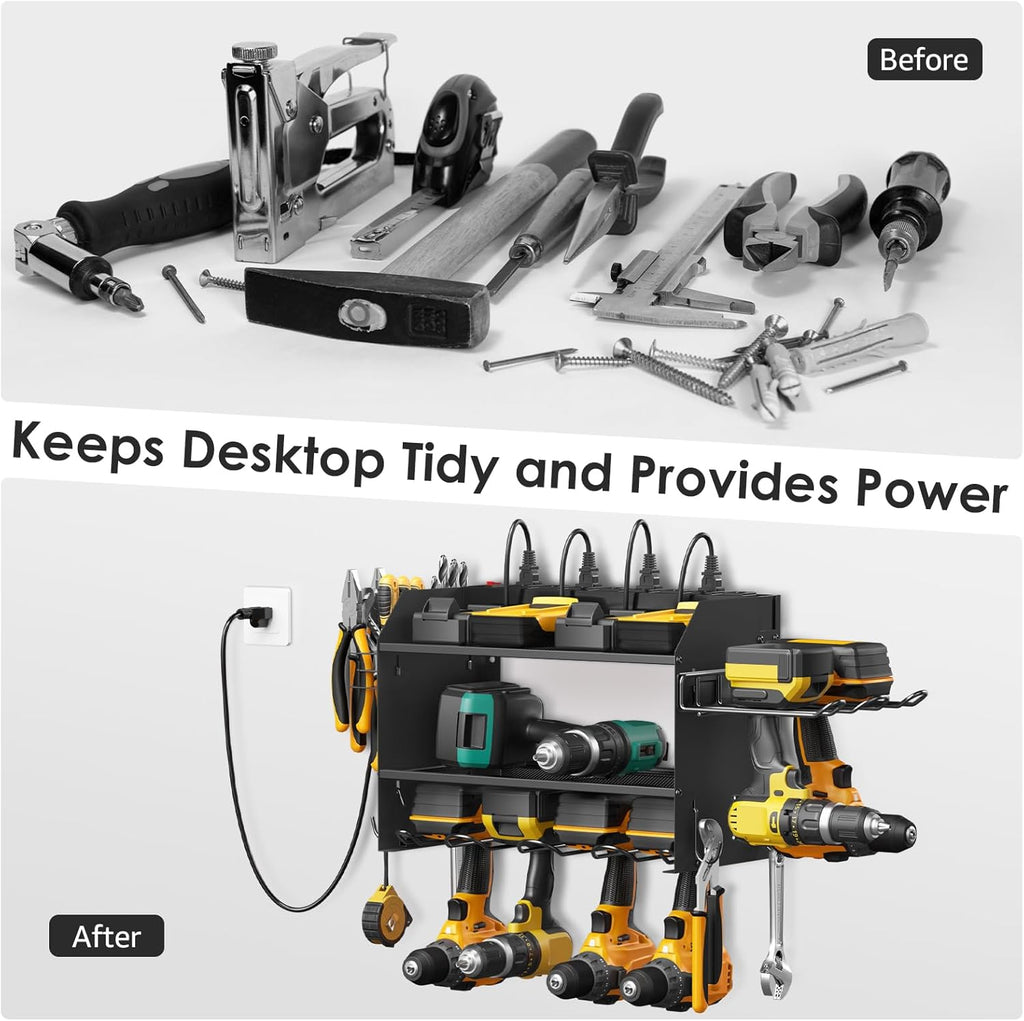CCCEI Modular Power Tool Organizer - Wall Mount Charging Station with 8 Plug Power Strip | Heavy Duty Black Metal Shelf for 6 Drills & Utility Storage