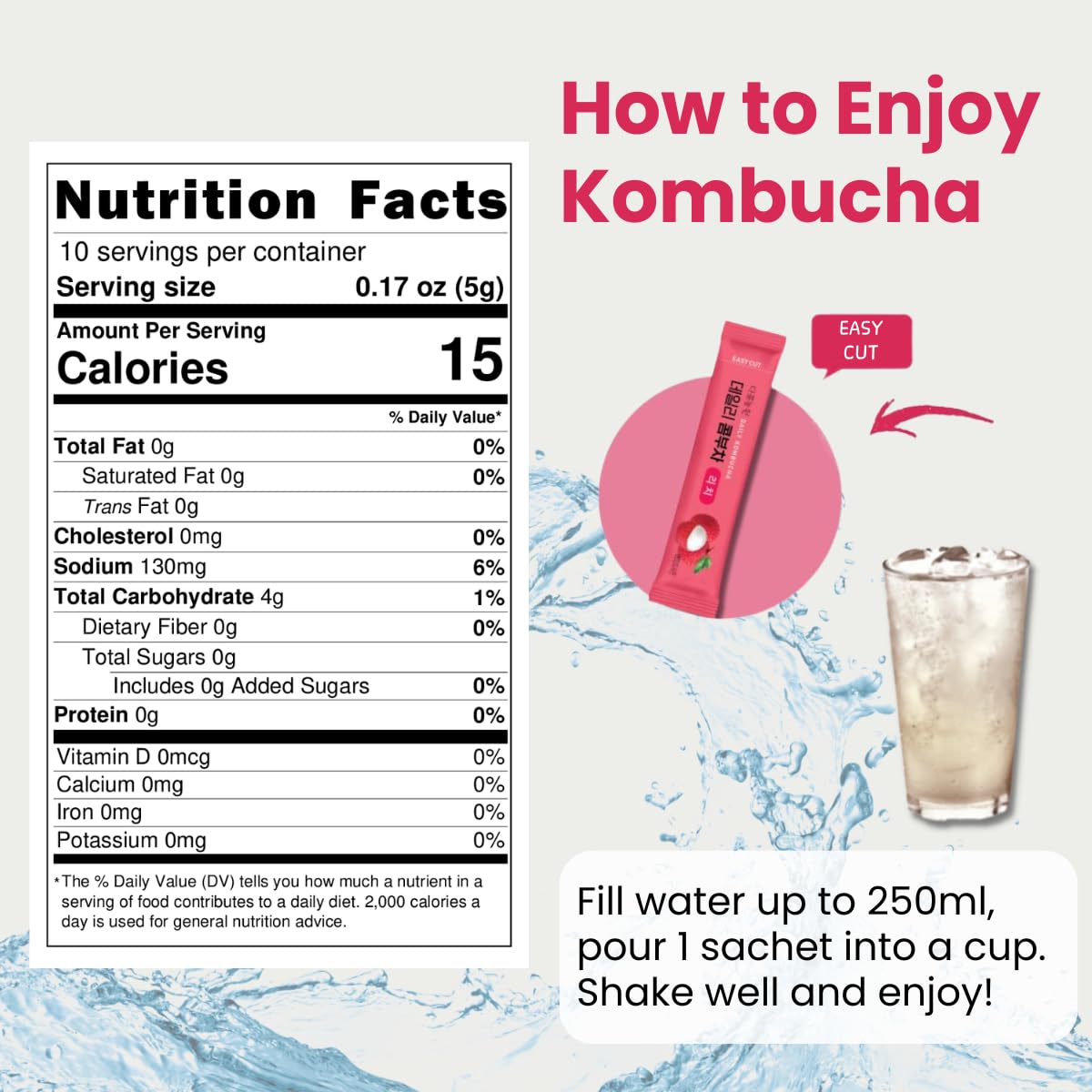 Korean Kombucha Tea, Powder 5g x 10 Sachets (50g/3.52oz) Probiotics, Prebiotics, Sugar Free, Diet Tea, Healthy Drink (5 Variety Flavor)