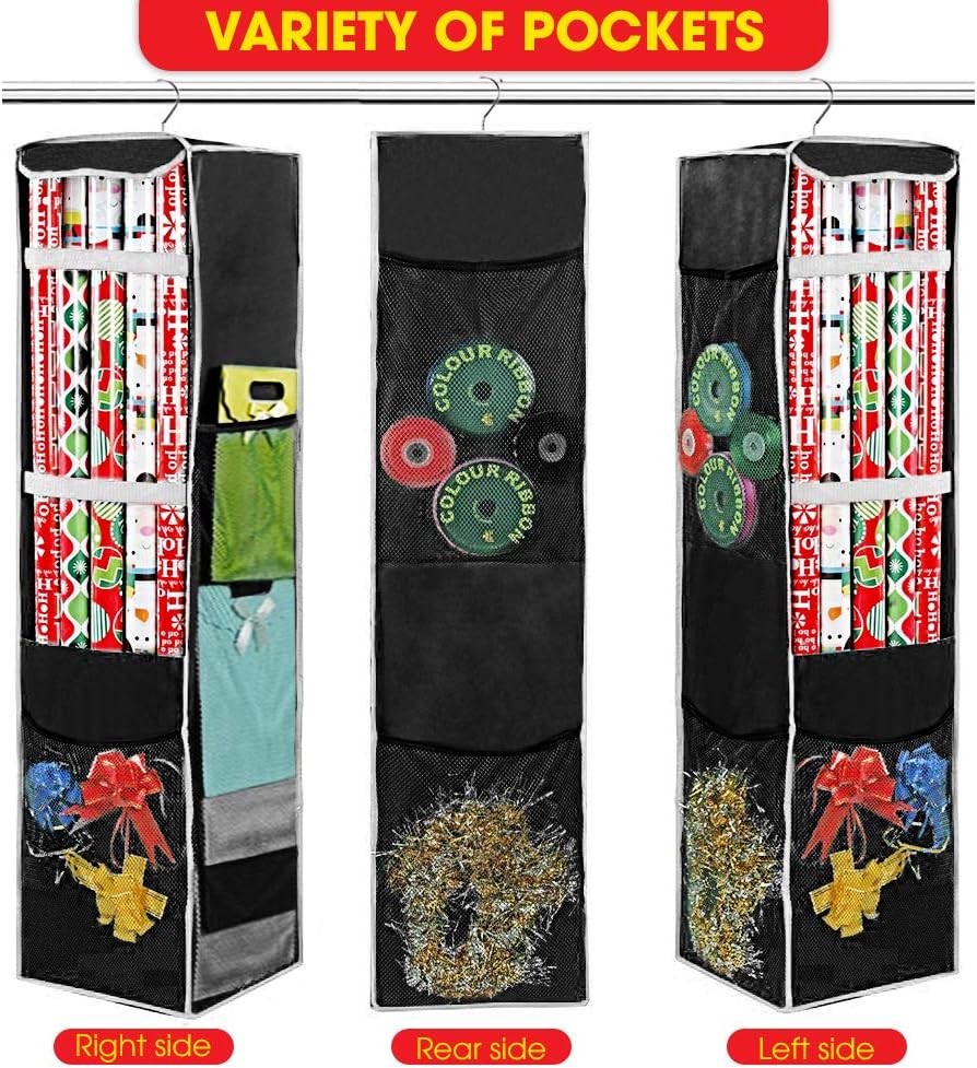 ProPik Holiday Wrapping Paper Storage Bag - 360° Swivel Hanger with Mesh Pockets | Holds Up to 25 Rolls, 40 Inch, Black