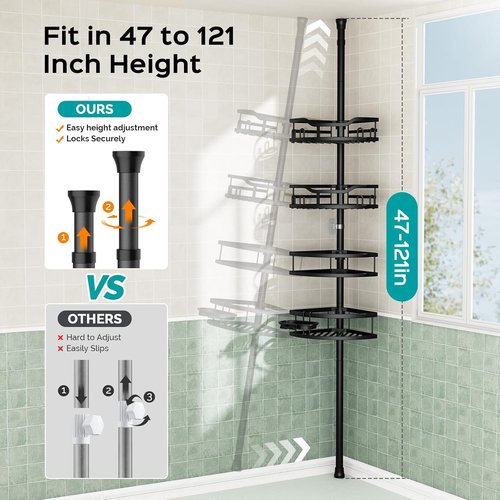 HAMITOR Corner Shower Caddy - Rustproof 4-Tier Bathroom Organizer for Shampoo & Soap | Adjustable 47-121 Inch Black Rack