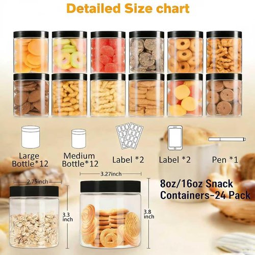 Large & Small Plastic Jars Combo (24 Pack) 12 Large 16 oz & 12 Small 8 oz Leak-Proof Clear Containers with Lids, Mason Jars, Perfect for Storing Spices, Cookie, Candy, Slime and Dry Food, Empty Jars