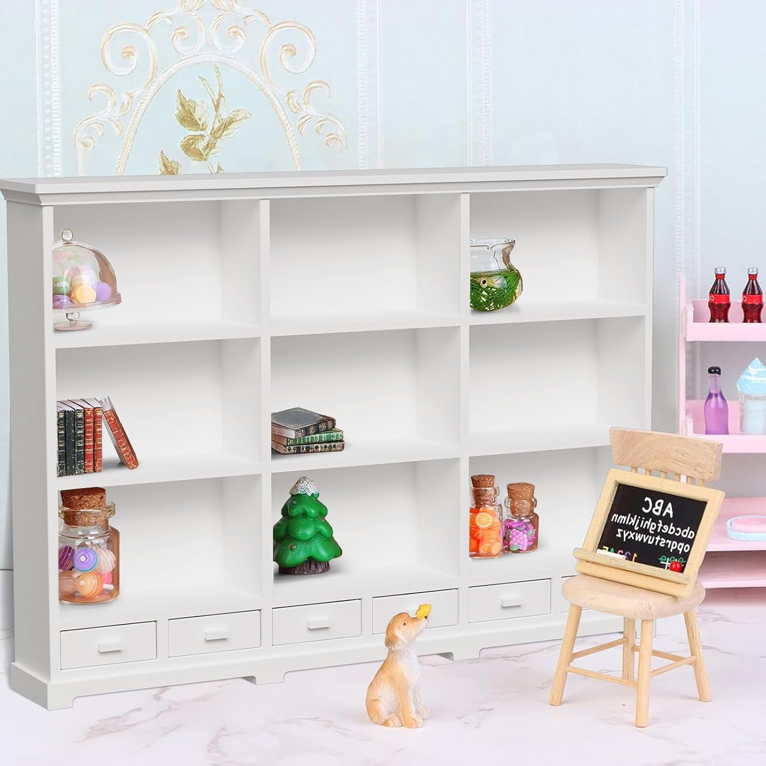 Skiennix 1:12 Scale Dollhouse Bookshelf - Multi-Functional Display for Mini Books & Accessories