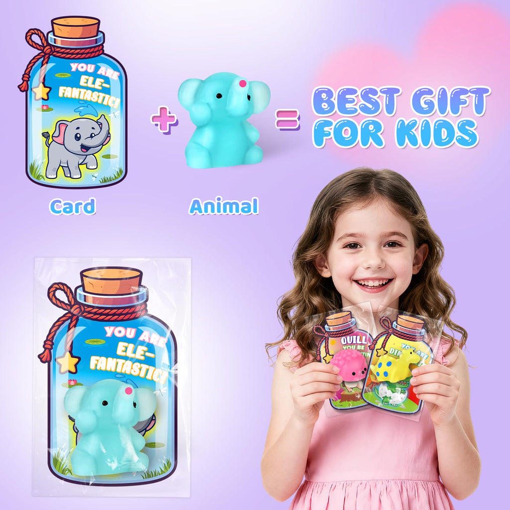 Valentines Day Gifts for Kids School, 32 Pack Cute Kawaii Mochi Squishy Toys Glow in The Dark with Animal Valentines Day Card, Fidget Squishy Toys for Classroom Class Exchange Party Favors