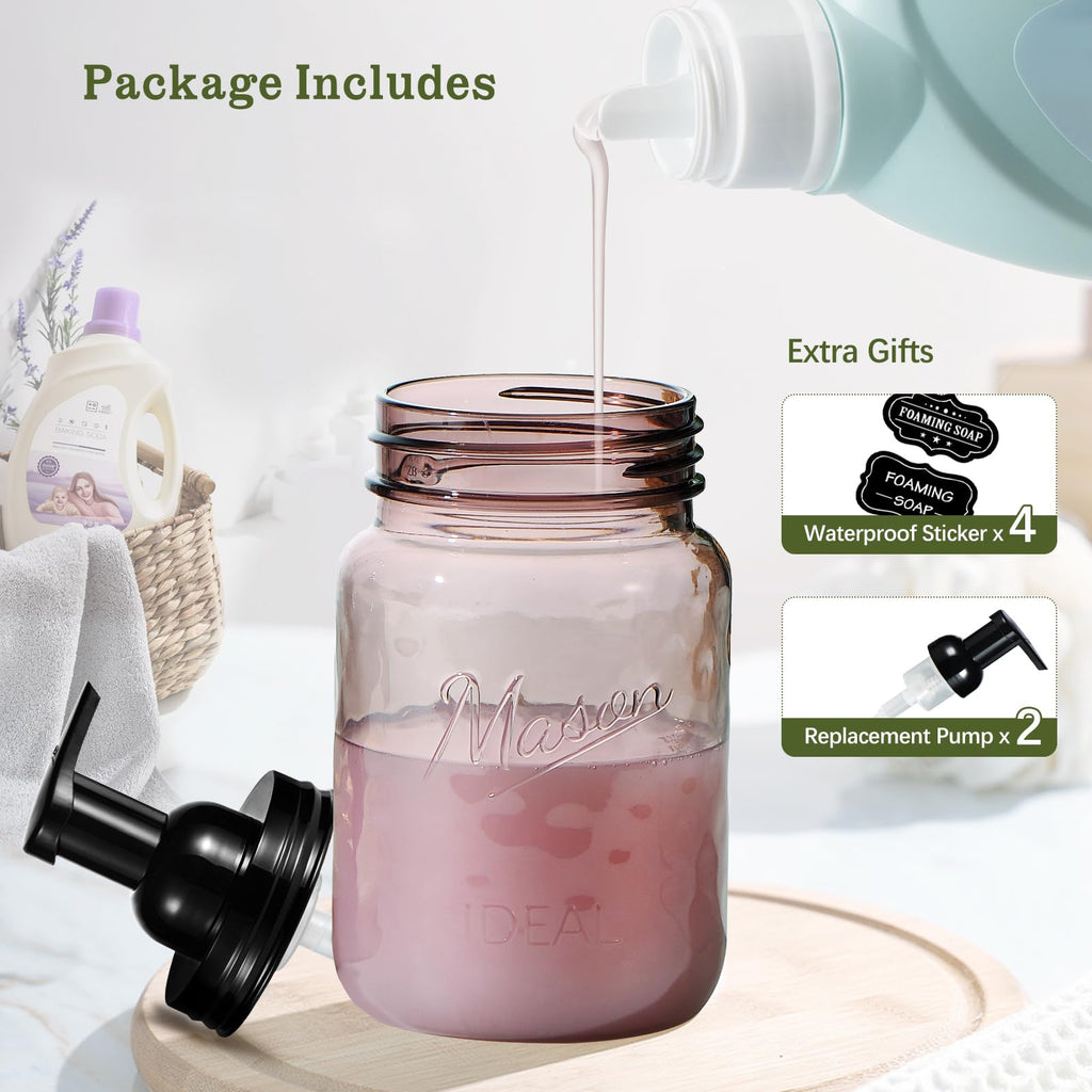 Amolliar Plastic Foaming Soap Dispenser with Pump Lid, 16Oz Refillable Foam Hand Soap Dispenser Set, Clear Dish Soap Bottles with Waterproof Lable for Farmhouse Kitchen Bathroom (2 Pack, Black)