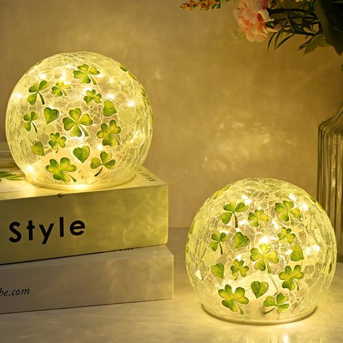FRAMICS 2 PCS St Patricks Day Decorations 4" Shamrock Globe Night Light with Timer Clover Crackle Glass Ball Light for Table Centerpieces Lighted Decorative Ball Lamp Tabletop LED Light Decor Gift