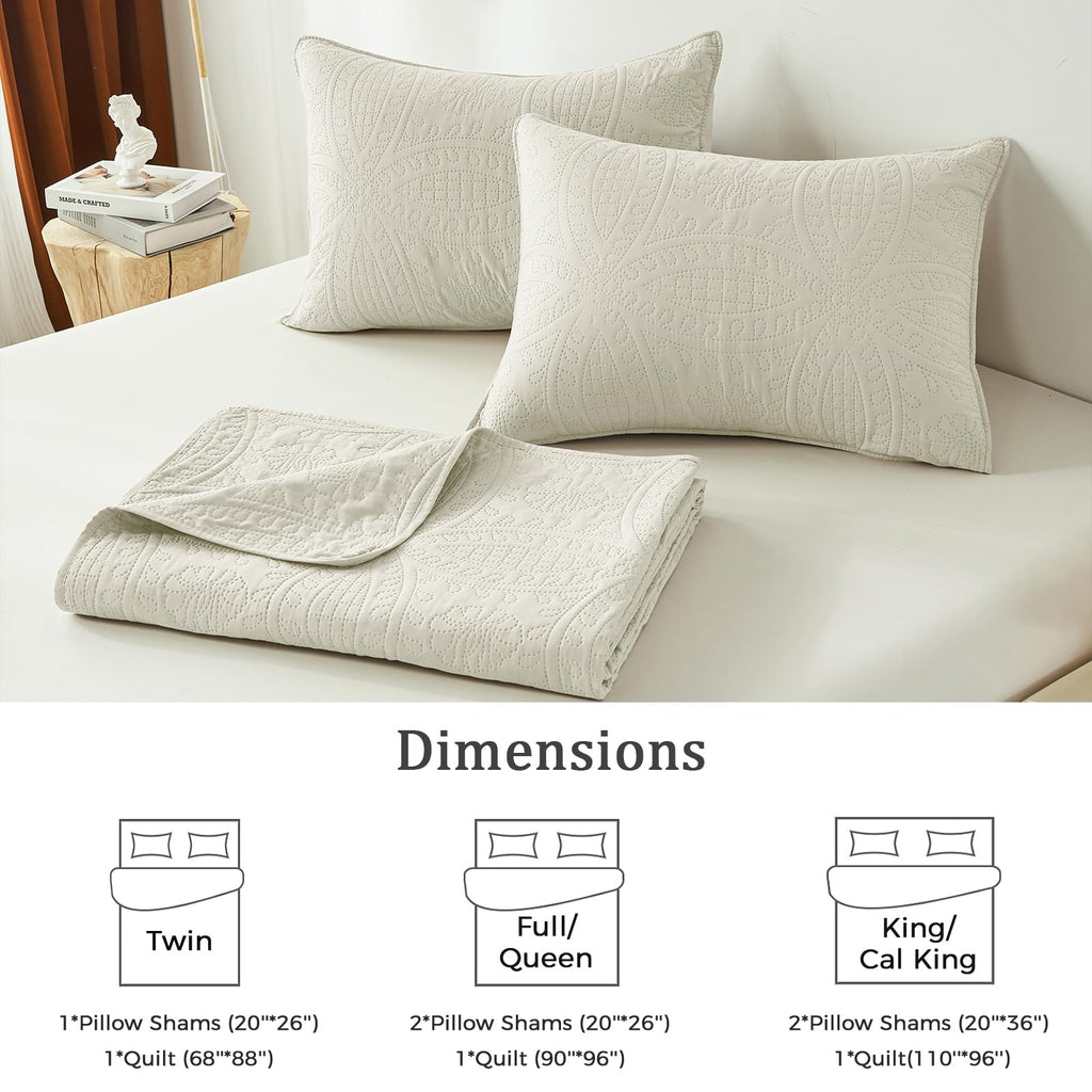akkialla King/Cal King Quilt Set,Cream Lightweight Bedspread with Coin Pattern, Soft Microfiber Coverlet for All Seasons, Breathable and Skin-Friendly Fabric (1 Quilt, 2 Pillow Shams)