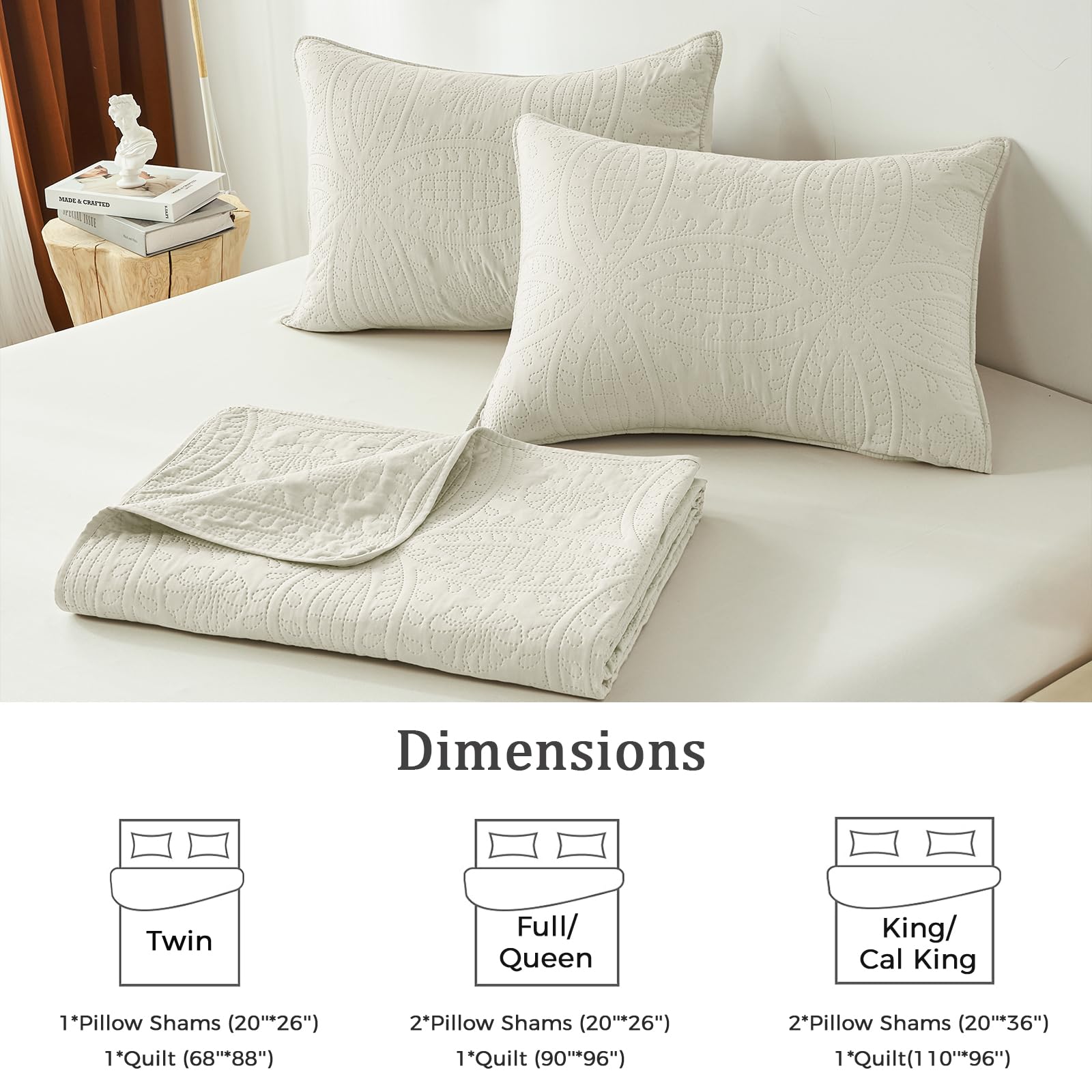 akkialla King/Cal King Quilt Set,Cream Lightweight Bedspread with Coin Pattern, Soft Microfiber Coverlet for All Seasons, Breathable and Skin-Friendly Fabric (1 Quilt, 2 Pillow Shams)