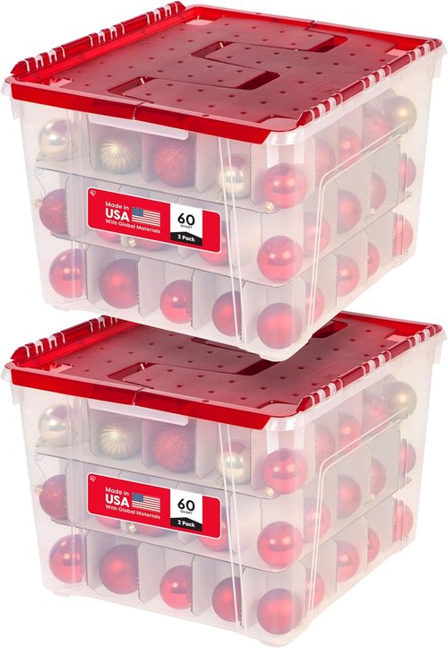 IRIS USA Ornament Storage Box - Stackable 2-Pack for 75 Ornaments | Durable Clear/Red Holiday Organizer