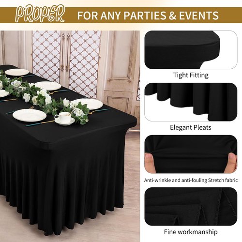 4 Pack 6Ft Spandex Table Skirts Black Stretch Tablecloth with Skirt for 6 Foot Rectangle Tables, One-Piece Wrinkle Resistant Fitted Stretchable Table Covers for Wedding Party Banquet Trade Show