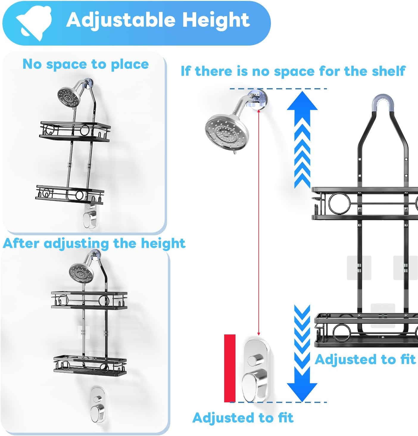 Skiennix Adjustable Shower Caddy - Rustproof Large-Capacity Bathroom Organizer with Hooks for Razors