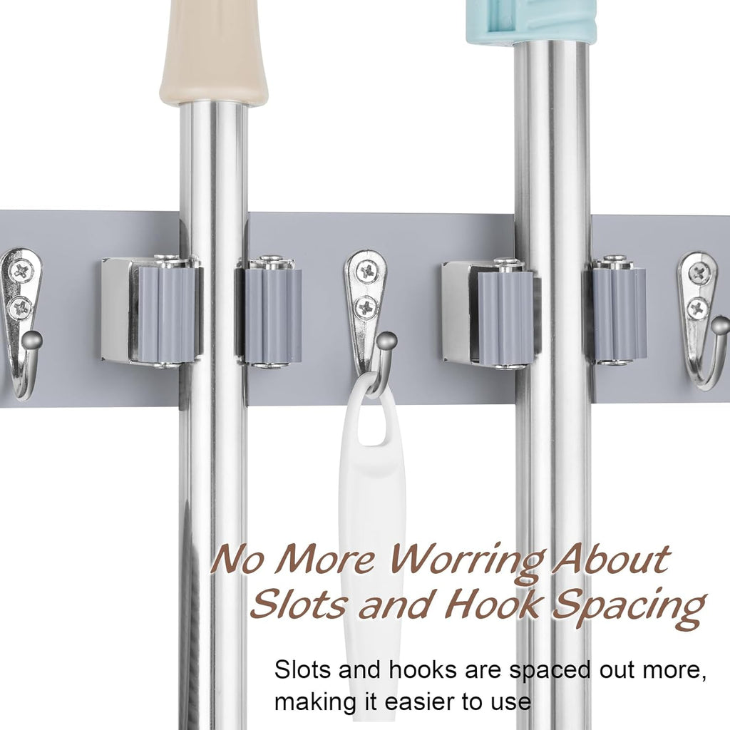 OUTNILI Gray Mop Broom Holder - Heavy-Duty Wall Mount Organizer with 4 Slots & Hooks for Laundry Room