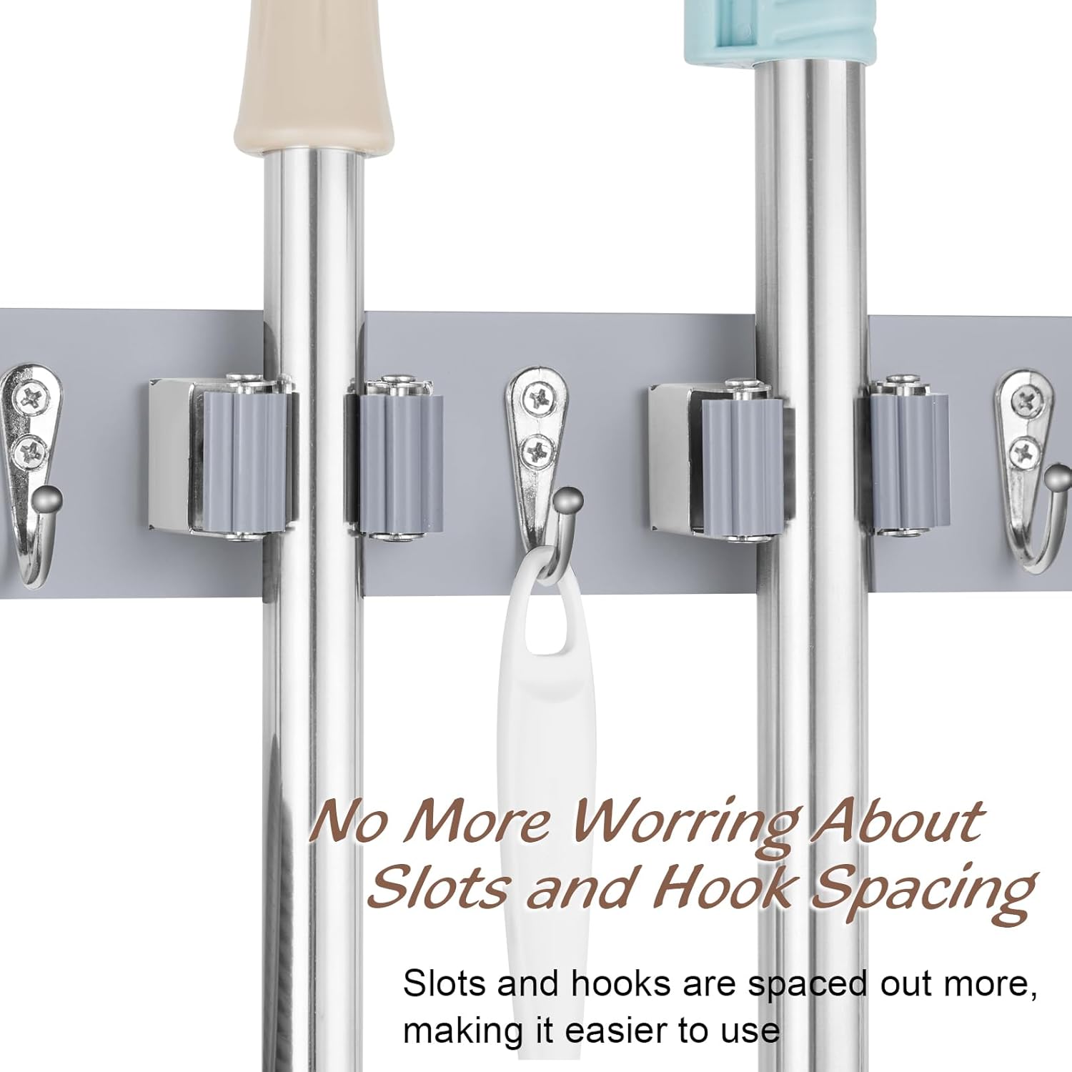 OUTNILI Gray Mop Broom Holder - Heavy-Duty Wall Mount Organizer with 4 Slots & Hooks for Laundry Room