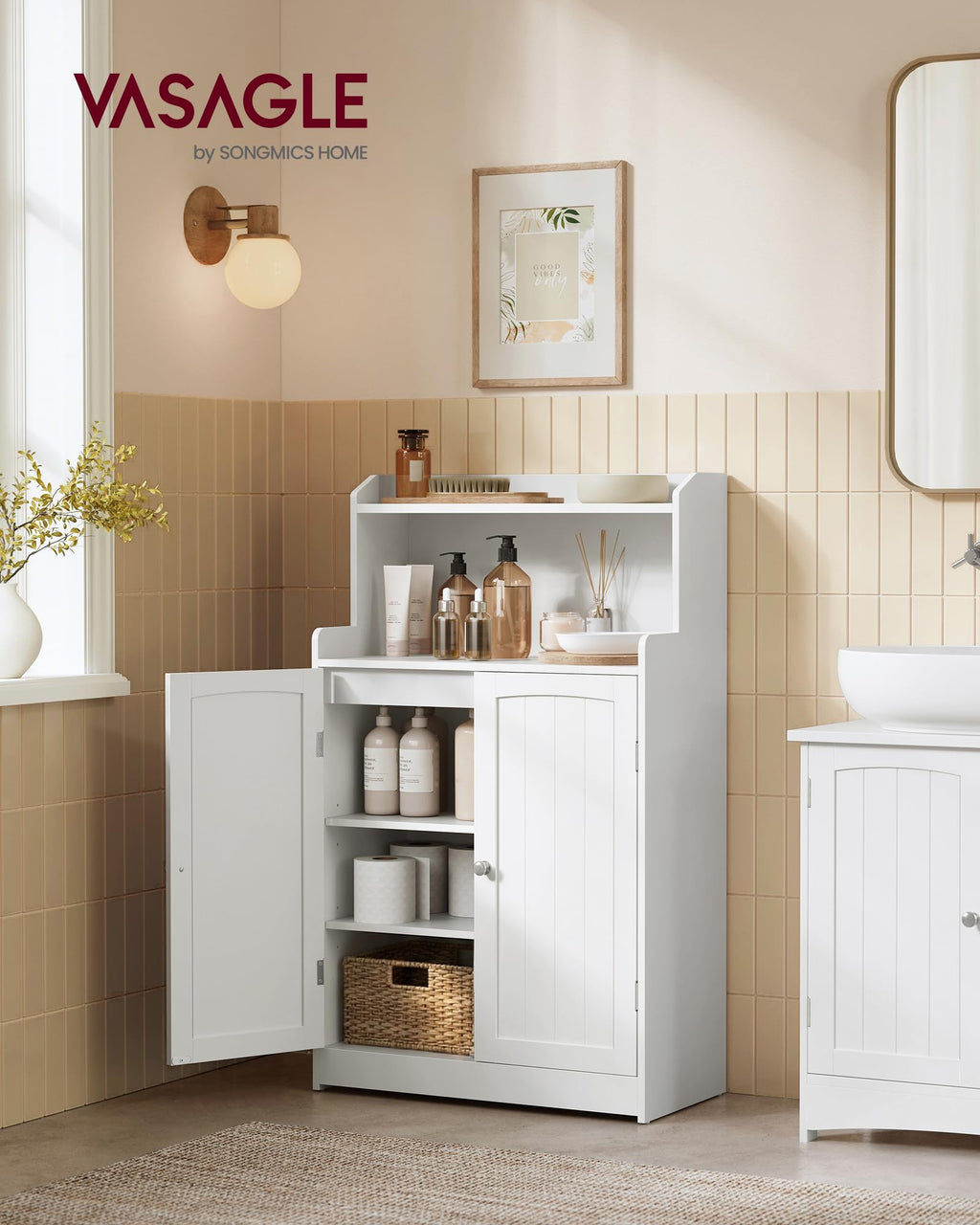 VASAGLE 39.4-Inch Tall Storage Cabinet, Floor Cabinet with 2 Doors, 2 Adjustable Shelves, Freestanding, for Bathroom, Kitchen, Living Room, Cloud White UBBC770W01