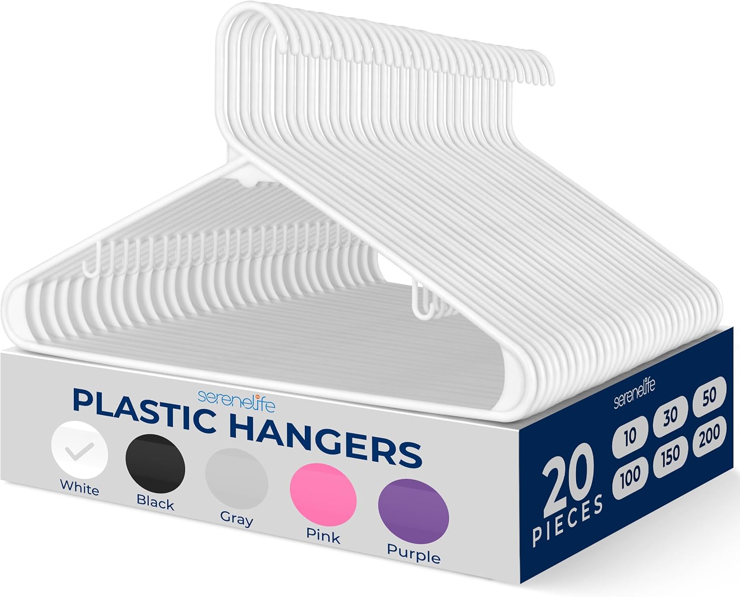 SereneLife Premium Plastic Hangers - Durable & Lightweight Clothes Organizers | 20 Pack in White