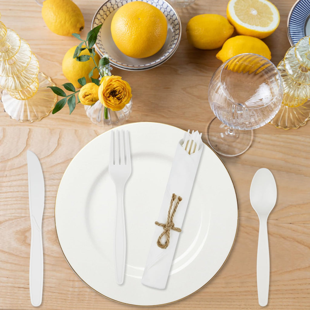 Pre Rolled Napkin Cutlery Set - Compostable Utensils 8" Large Disposable Utensils Wrapped Forks Knives Spoons Napkins Cornstarch Biodegradable Silverware Cutlery for Party (100)