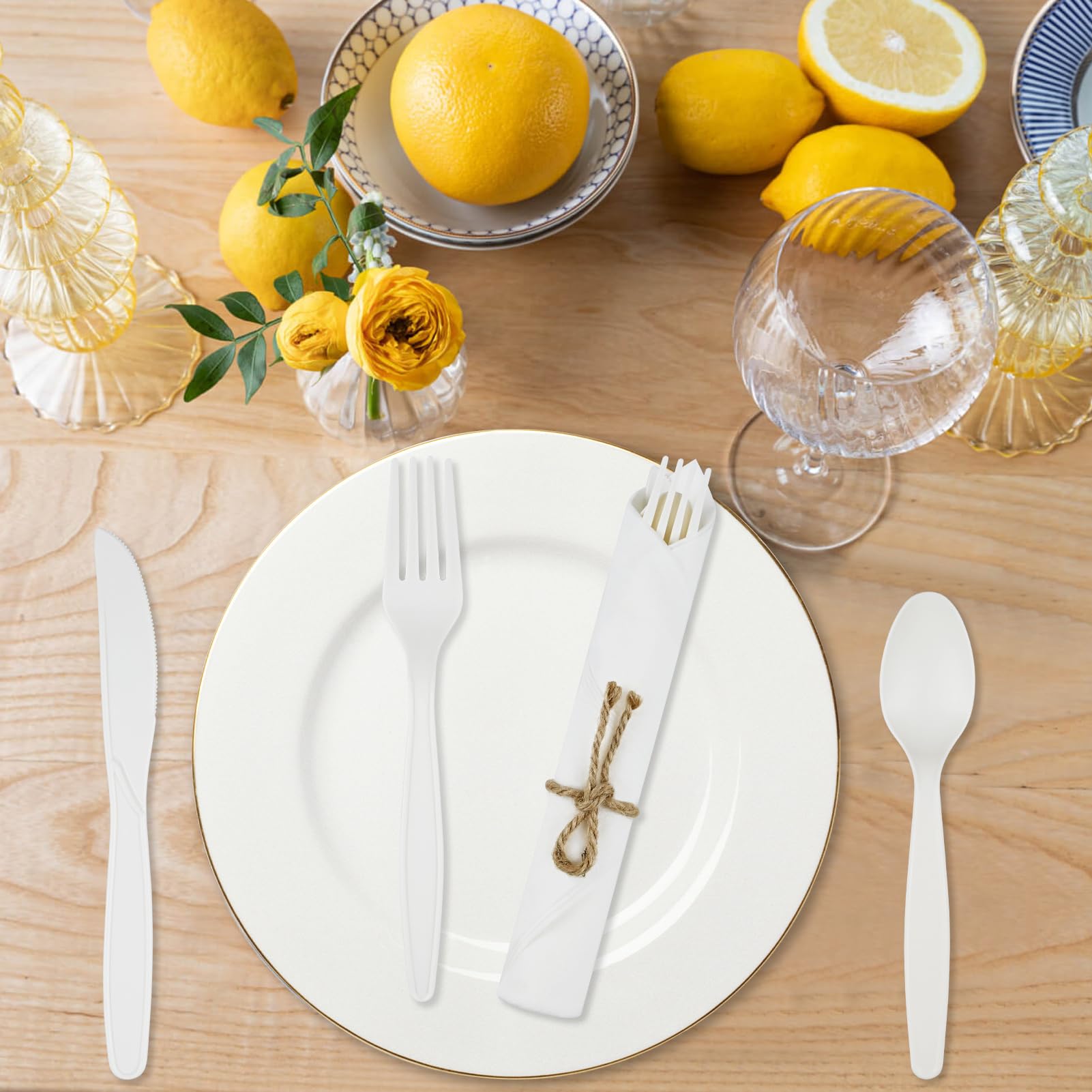 Pre Rolled Napkin Cutlery Set - Compostable Utensils 8" Large Disposable Utensils Wrapped Forks Knives Spoons Napkins Cornstarch Biodegradable Silverware Cutlery for Party (100)