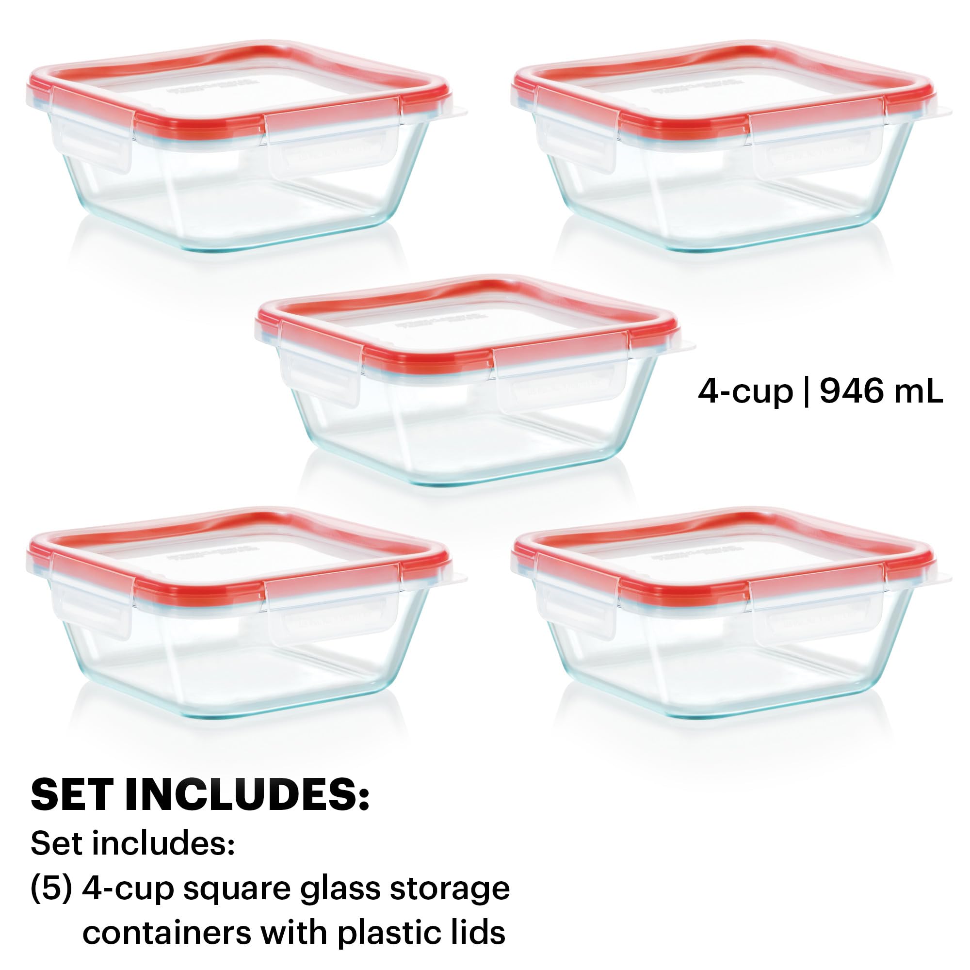 Pyrex Freshlock (5-Pack, 4 Cup) Glass Food Storage Containers Set, Airtight & Leakproof Plastic Locking Lids BPA-Free, Meal Prep Containers Set, Freezer Dishwasher Microwave Safe