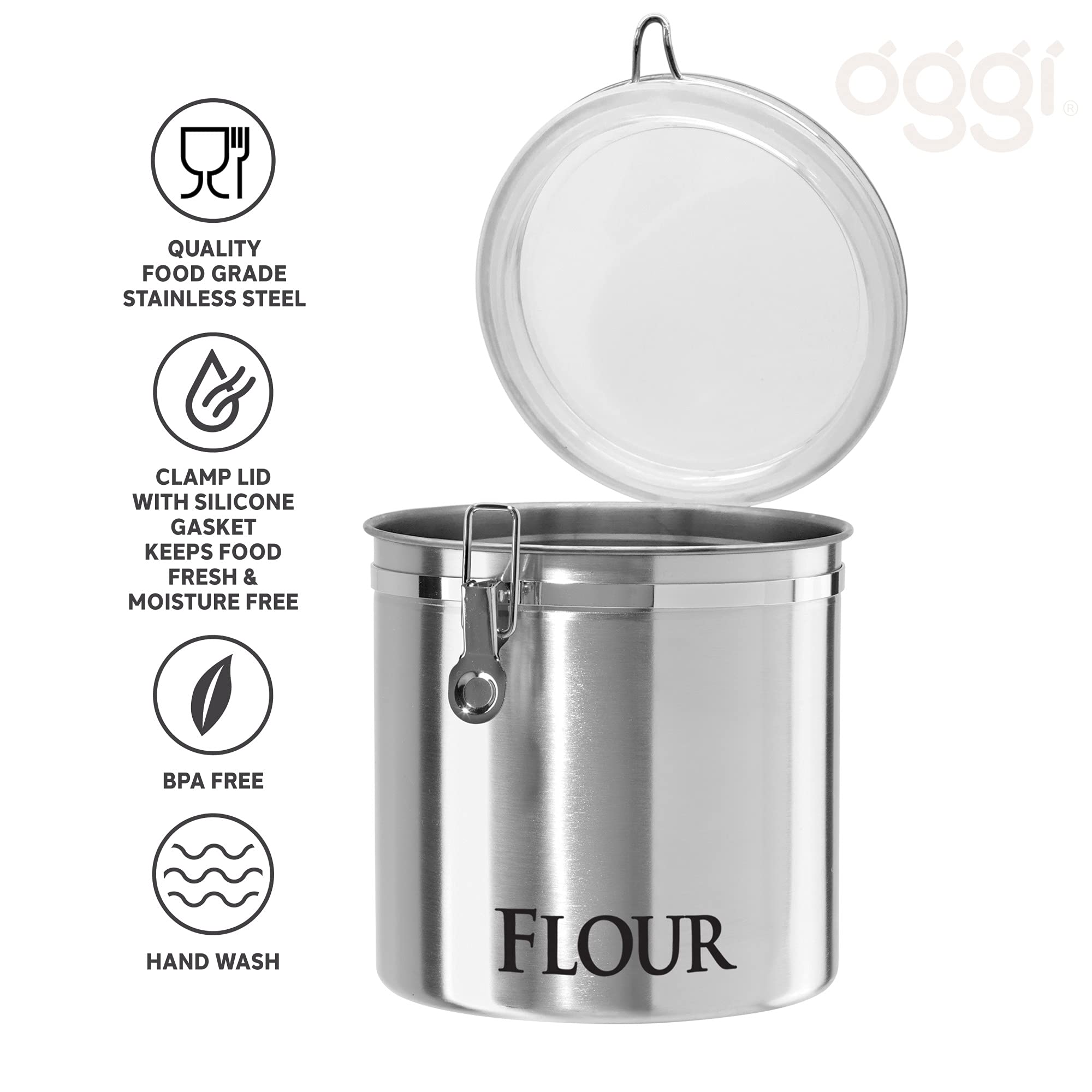 Oggi Jumbo 8" Stainless Steel Flour Clamp Canister - Airtight Food Storage Container Ideal for Kitchen & Pantry Storage of Flour or other Bulk, Dry Foods.
